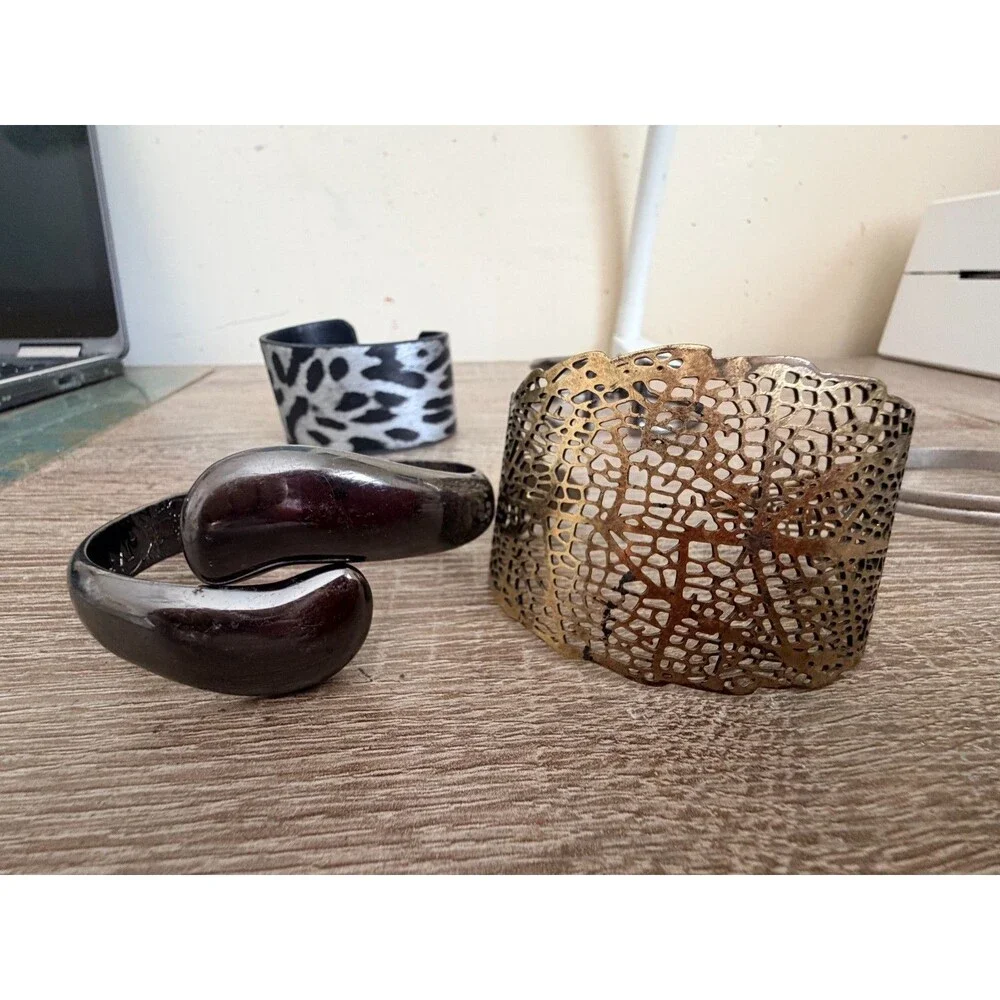 Statement Cuff Bangle Bracelet Lot 6 Gold Silver Gunmetal Leopard Enamel Faux